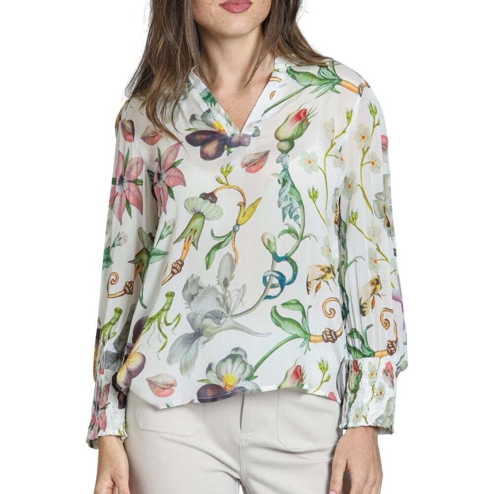 APNY Floral Queen Bee Top Womens XXL White Multicolor Smocked Cuff Blouse